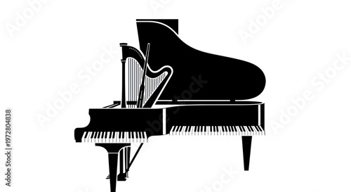 Silhouette of Grand Piano and Harp on White Background