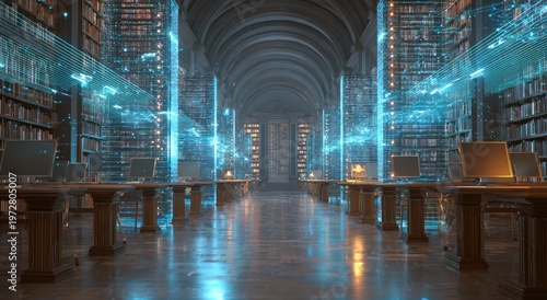 Futuristic Digital Library with Glowing Blue Data Streams.