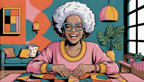 Vector illustration of a stylish elderly black woman in a housecoat with an afro hairstyle and cat-eye glasses, enjoying life at home. The style is reminiscent of American retro pop art.