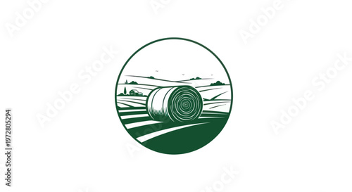 Circular Emblem: Hay Bale in Harvested Field, Rural Landscape, Farm Countryside
