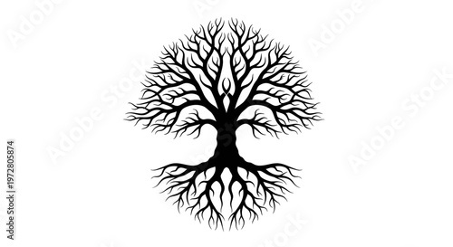 Stylized Black Tree Silhouette with Intricate Roots and Branches on White Background