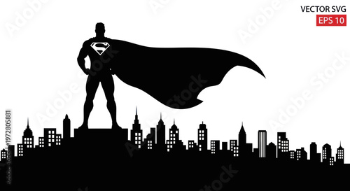 Superhero Silhouette Standing on City Skyline at Night
