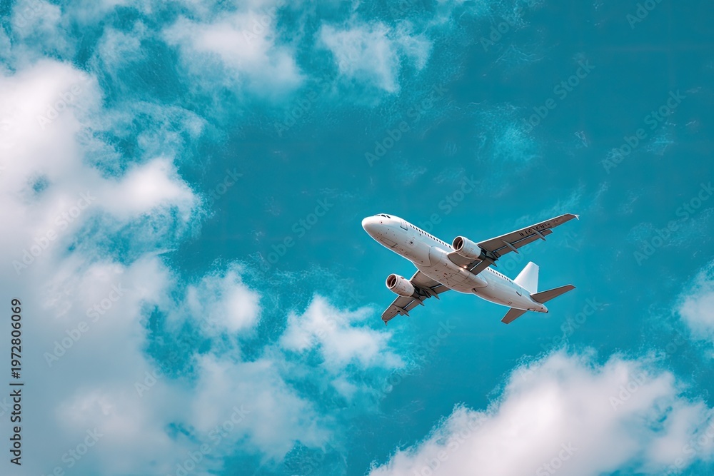 Fototapeta premium Commercial Airplane Flying High Above Clouds in a Blue Sky.