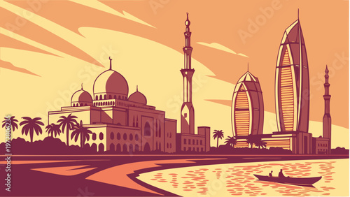 Modern City Skyline Featuring Traditional Architecture Next To Contemporary Skyscrapers Along The Water Under A Warm Sunset Sky Horizon Background