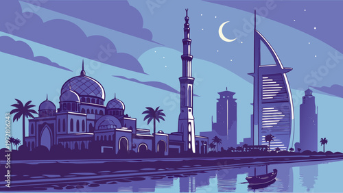 Middle Eastern City Skyline Featuring Traditional Mosque Architecture And Modern High Rise Buildings Under The Crescent Moon During A Clear Night abu