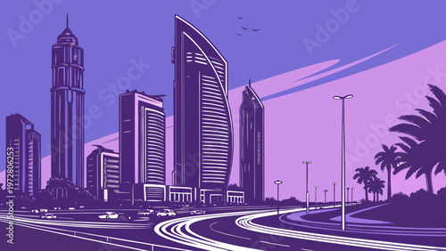 Modern City Skyline Silhouette at Sunset with High Rise Buildings and Curving Roads Designed for Urban Real Estate and Business Infrastructure Themes