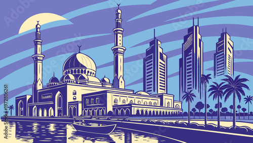 Middle Eastern City Skyline Featuring Traditional Mosque Architecture Alongside Modern Skyscrapers Under A Soft Light In A Stylized Urban Landscape