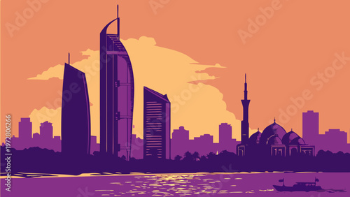 Modern City Skyline Silhouette Featuring Tall Skyscrapers And Traditional Mosque Architecture Against A Warm Sunset Sky Over A Calm Waterfront Area