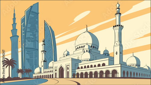 Modern Cityscape Featuring A Traditional Middle Eastern Mosque And Contemporary Skyscrapers Against A Warm Sunset Sky For Urban Development Projects