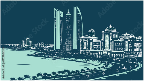Modern City Skyline Silhouette Featuring Tall Skyscraper Buildings and Coastal Roadway at Night with Minimalist Teal and Dark Blue Color Palette abu