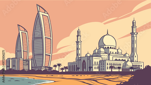 Modern Skyscraper Towers Standing Next To A Traditional Grand Mosque Architecture Scene Representing Cultural Contrast In An Urban City Skyline abu