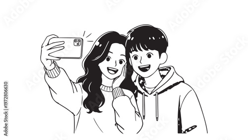 A smiling vector illustration of a happy family design featuring a young girl and boy with two girls holding a heart to show love for their mother and father