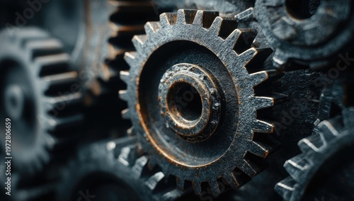 Close-up of Rusty Industrial Gears Meshing Together in a Factory Setting.