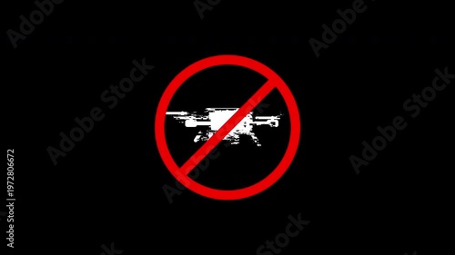 No Drone Zone Glitch Signal Lost Animation Seamless. Kamikaze Drone War Icon Silhouette FPV UAV Military No War Zone.