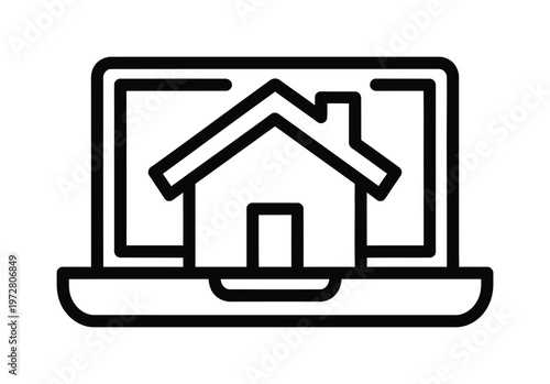 Vector icon depicting a simplistic house displayed within a laptop screen frame.