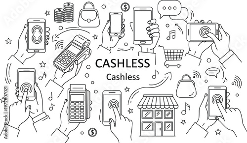 Cashless payment concept illustration digital transactions mobile banking contactless shopping fintech technology vector line art design