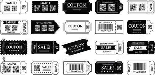 Coupon ticket templates collection with QR codes discount labels sale vouchers vintage and modern styles vector design set