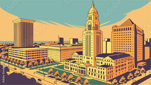 Retro stylized urban landscape featuring a landmark skyscraper and office buildings in a city center during a warm sunset period for travel themes