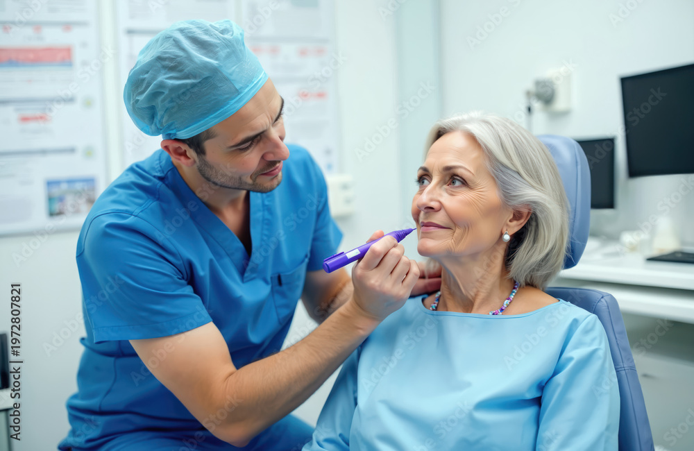 Fototapeta premium Surgeon draws marks on elderly woman face for cosmetic surgery procedure. Doctor consults patient about beauty treatment for rejuvenation and skin care in clinic.