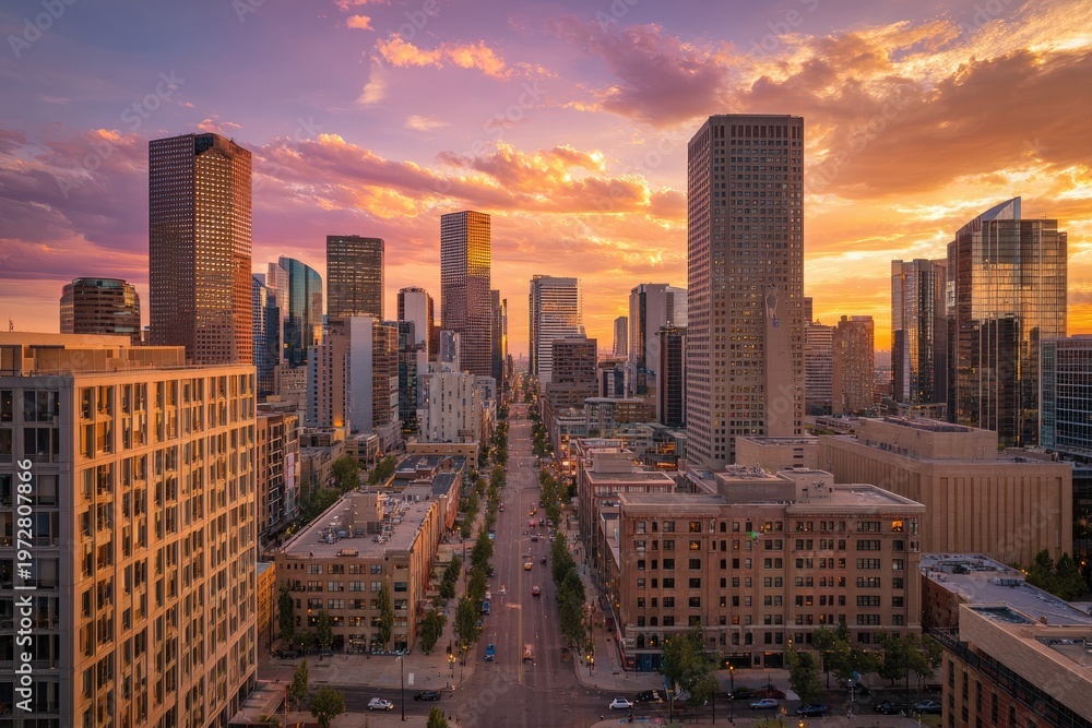 Fototapeta premium Denver Skyline at Sunset with Dramatic Clouds and City Lights.