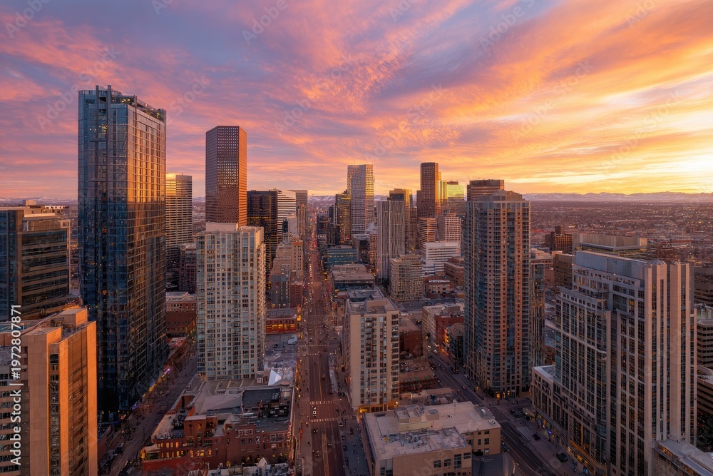 Fototapeta premium Vibrant Sunset Over a Modern City Skyline with Towering Skyscrapers.