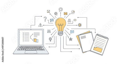 Laptop with lightbulb idea concept.