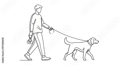 Man walking dog on leash outside.