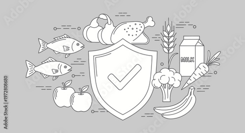 Healthy food shield with checkmark symbol.