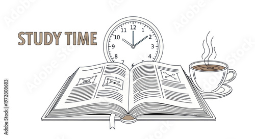 Open Book with Clock and Coffee.