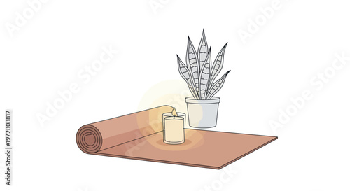 Yoga Mat with Candle and Plant.