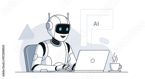 Robot working on laptop computer.