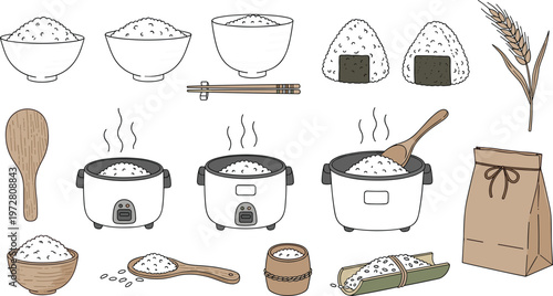 Rice cooking and food elements set illustration kitchen utensils grains bowls onigiri Japanese cuisine vector design collection