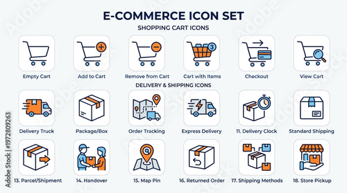 E-commerce shopping cart and delivery icons illustrate online store checkout process
