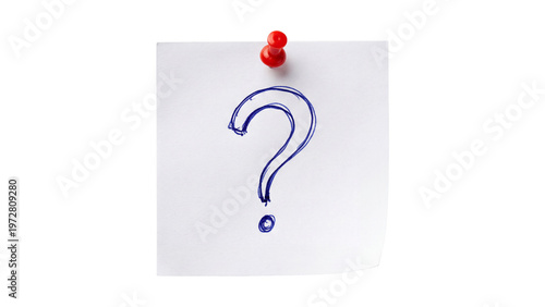 Sticky note with hand drawn blue question mark pinned with red push pin, isolated PNG