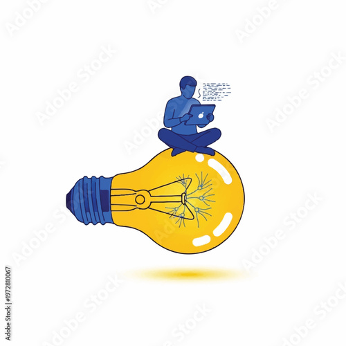 A person sits on a large lightbulb with a laptop emitting ideas