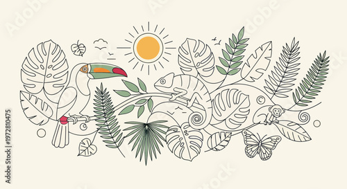 Colorful Toucan Bird in Tropical Foliage.