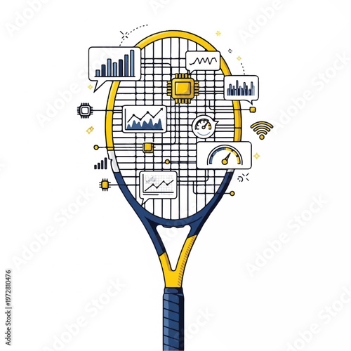 Tennis racket with infographic data displayed on court equipment