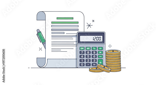 Calculator with coins and documents.