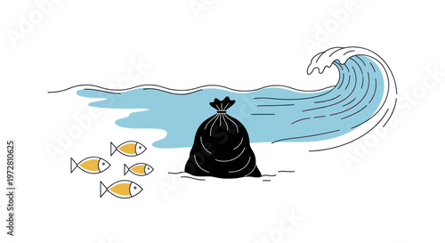 Black trash bag in the ocean.