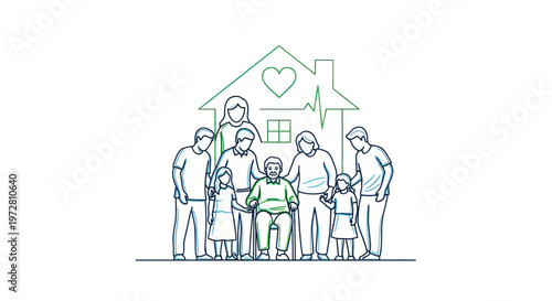 Diverse family standing together outside home.