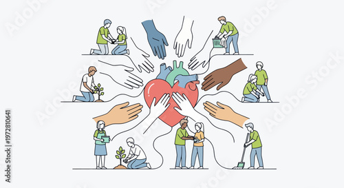 Workers cooperating with helping hands.