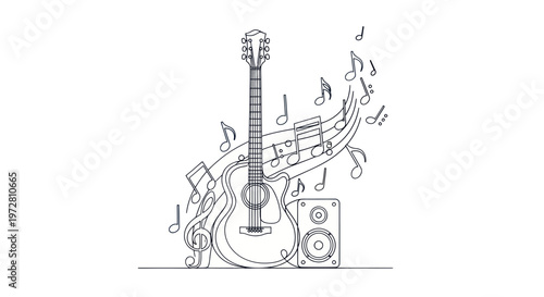 Guitar with music notes and speaker.