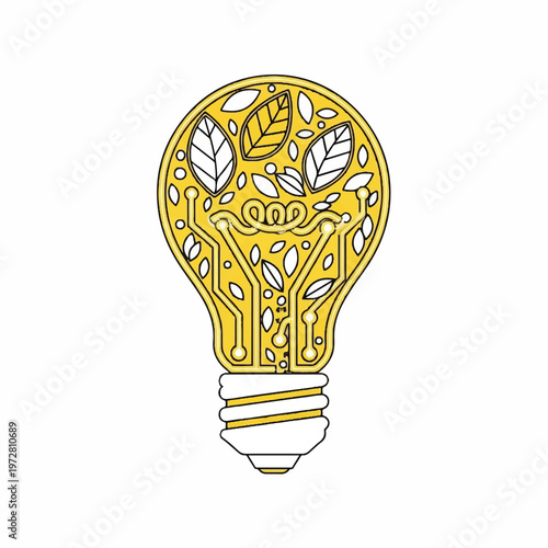 A detailed illustration of a light bulb with leaves and patterns on it