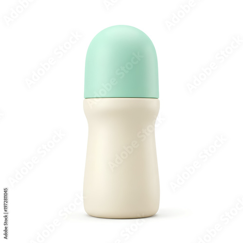 Deodorant rollon bottle with a light green cap and white body.