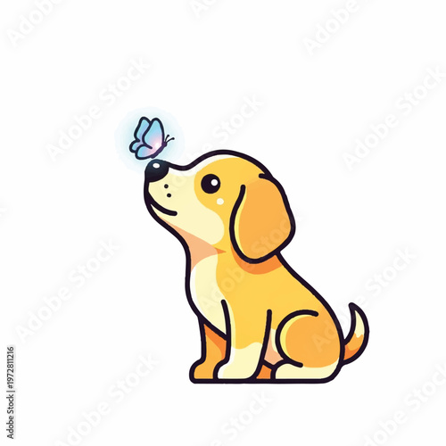 A curious dog sniffs a butterfly in a colorful playful scene