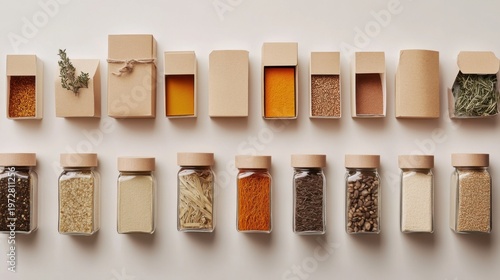 Brown Cardboard Boxes and Glass Jars with Spices