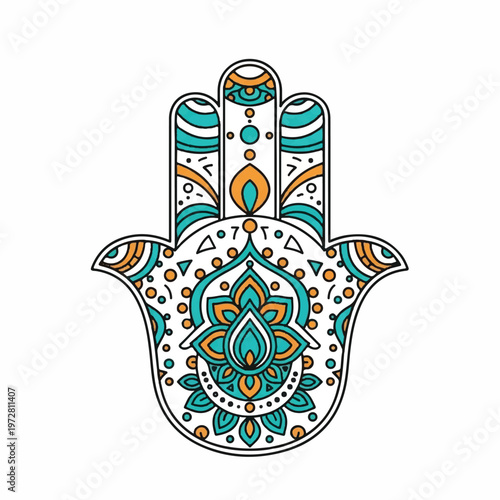 A vibrant hand illustration with intricate patterns and designs on display