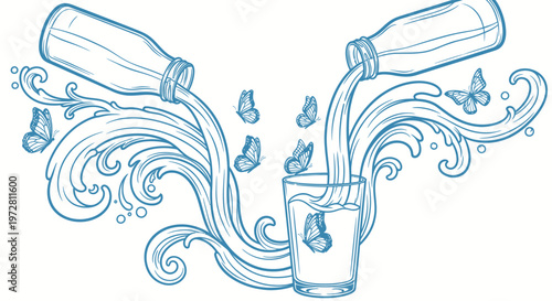 Refreshing water pours with natural elegance and delicate butterflies in a blue line art design.
