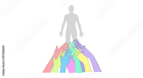 Colorful hands reaching up to support a human silhouette.
