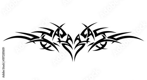 Symmetrical black tribal tattoo design on a white background, perfect as a graphic element.